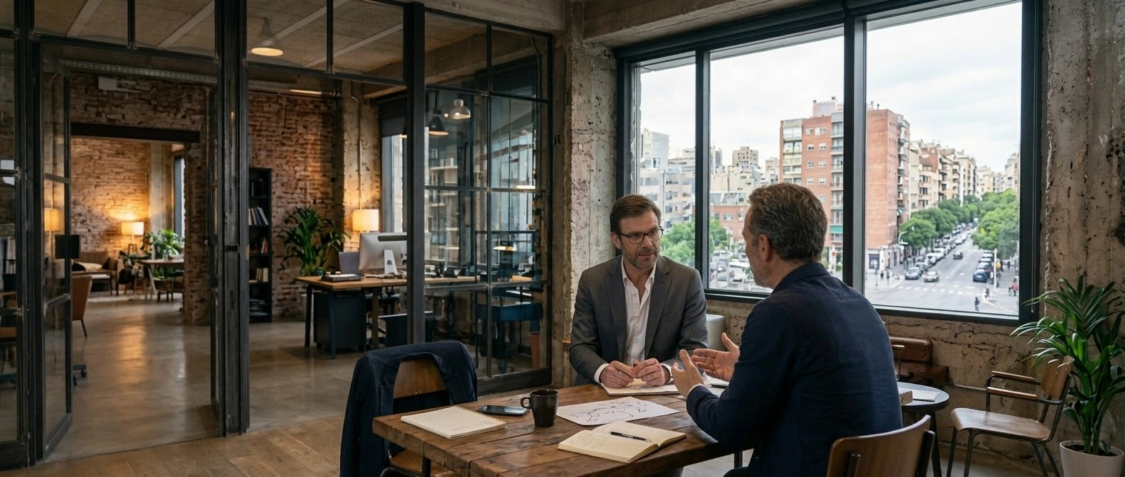 A 1:1 advisory conversation at a table by the window, in an office overlooking the city